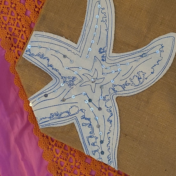 SALE NWOT LG BLUE WHITE STARFISH BEACH BURLAP BAG - Picture 16 of 16